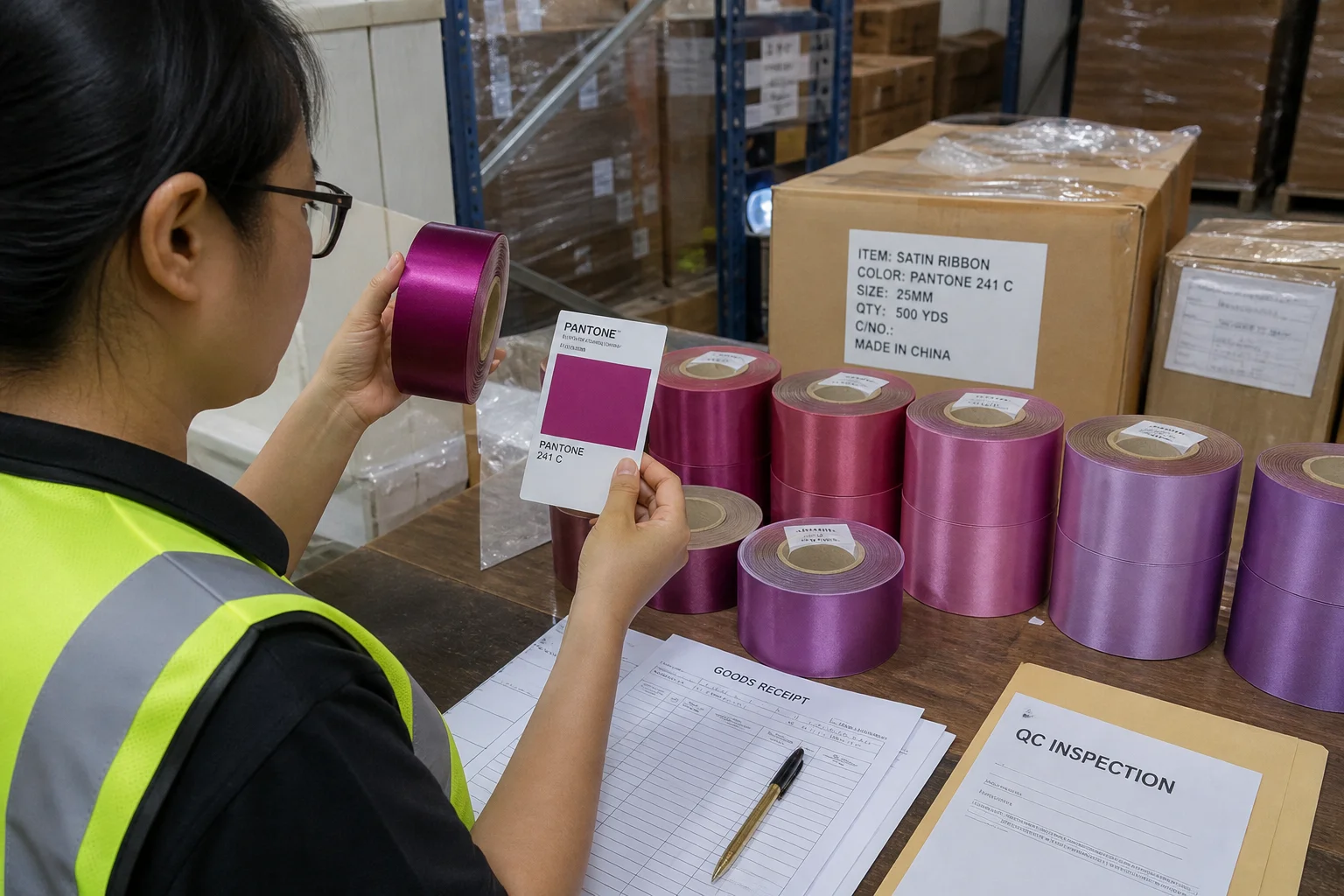 Quality control inspection comparing delivered ribbon colour against Pantone reference card at warehouse receiving