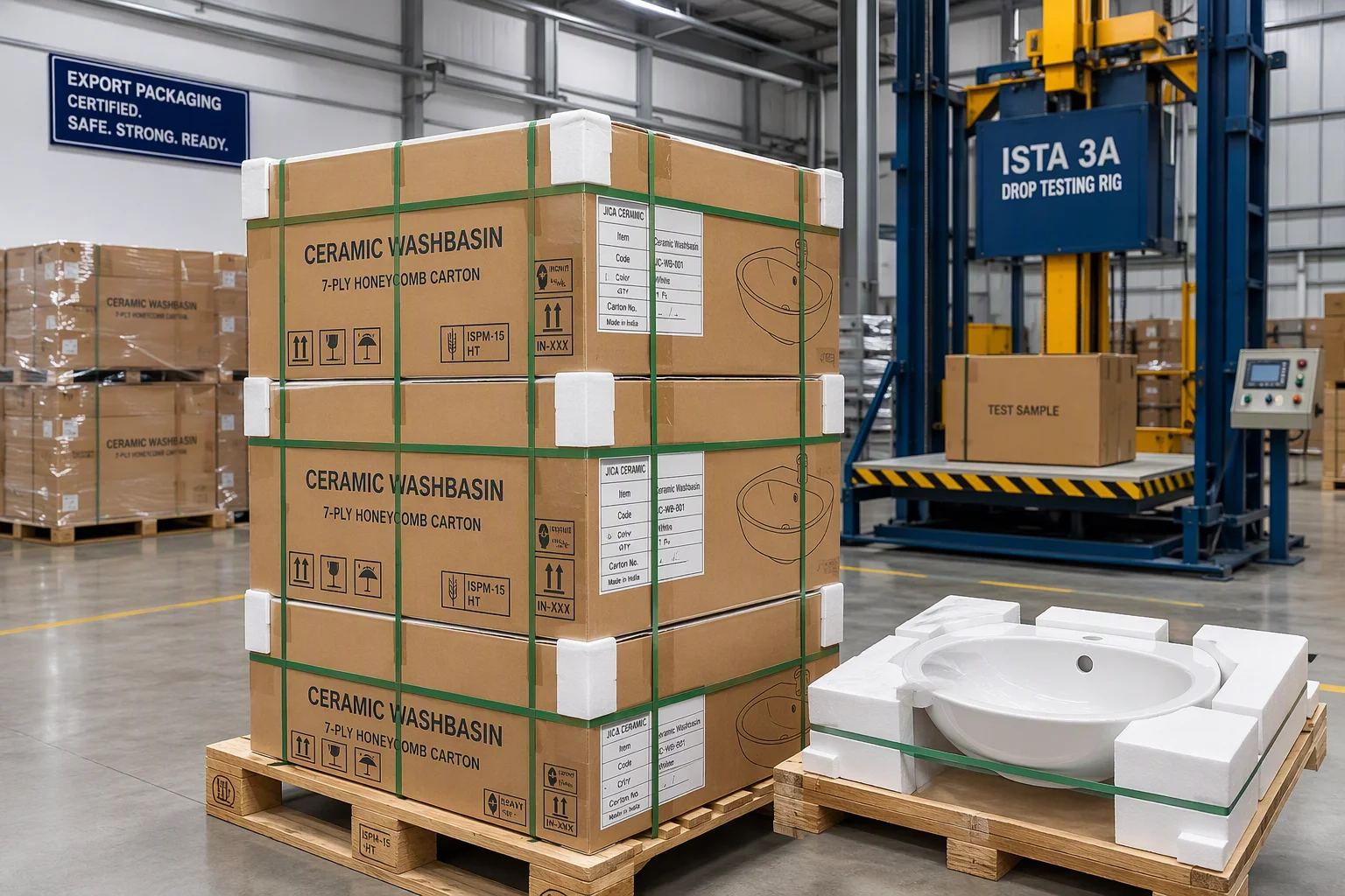 Figure 1: Export Palletized Staging of Heavy-Duty Honeycomb Packaged Ceramic Sanitary Ware with PET Strapping.