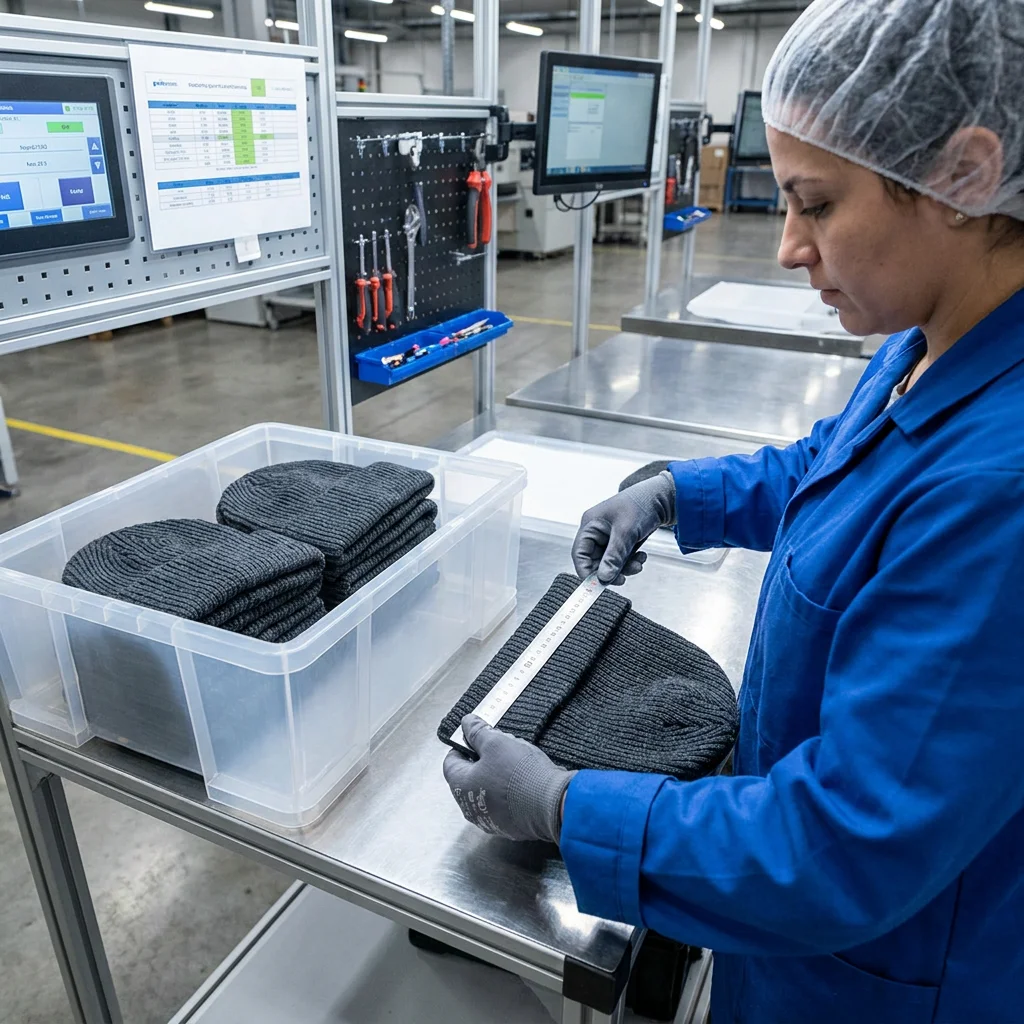 Knitted beanie cuff height inspection: Checking elasticity and ribbing quality at factory QC station