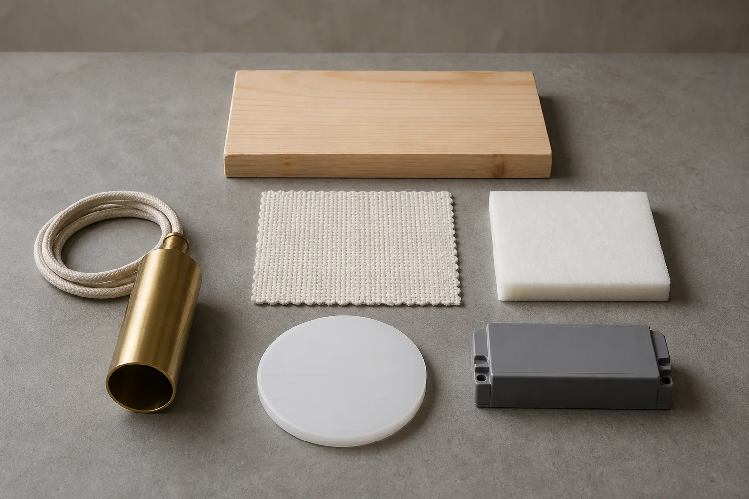 Decorative lighting material samples laid out on a workbench