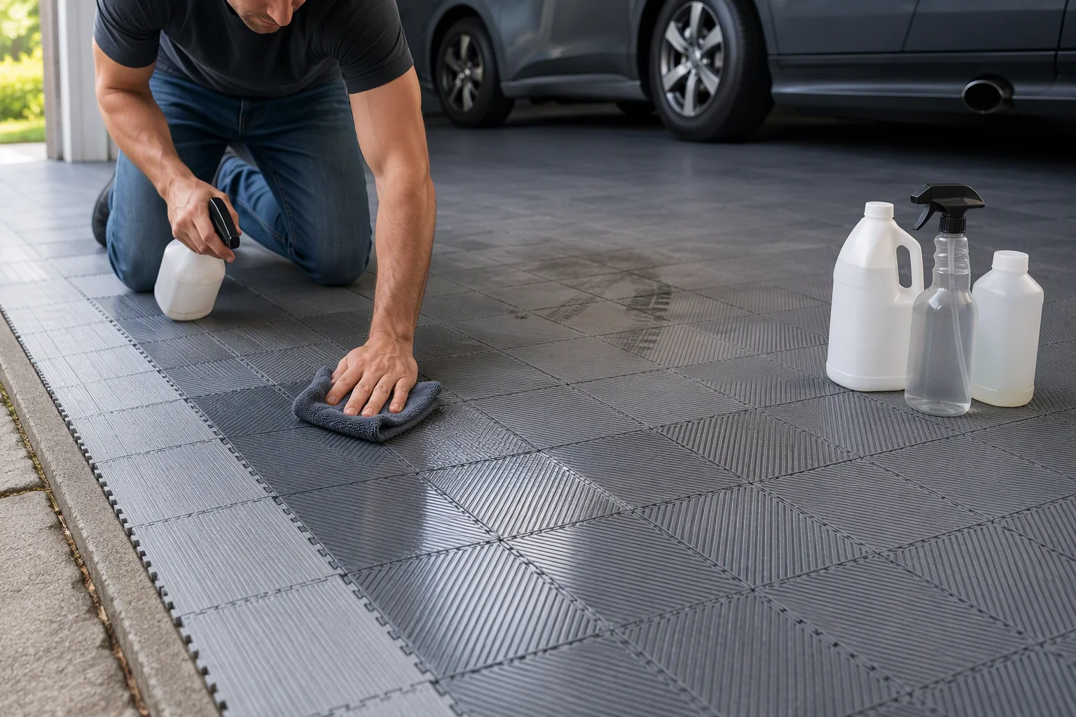 Cleaning interlocking garage floor tiles with a spray bottle and microfibre cloth