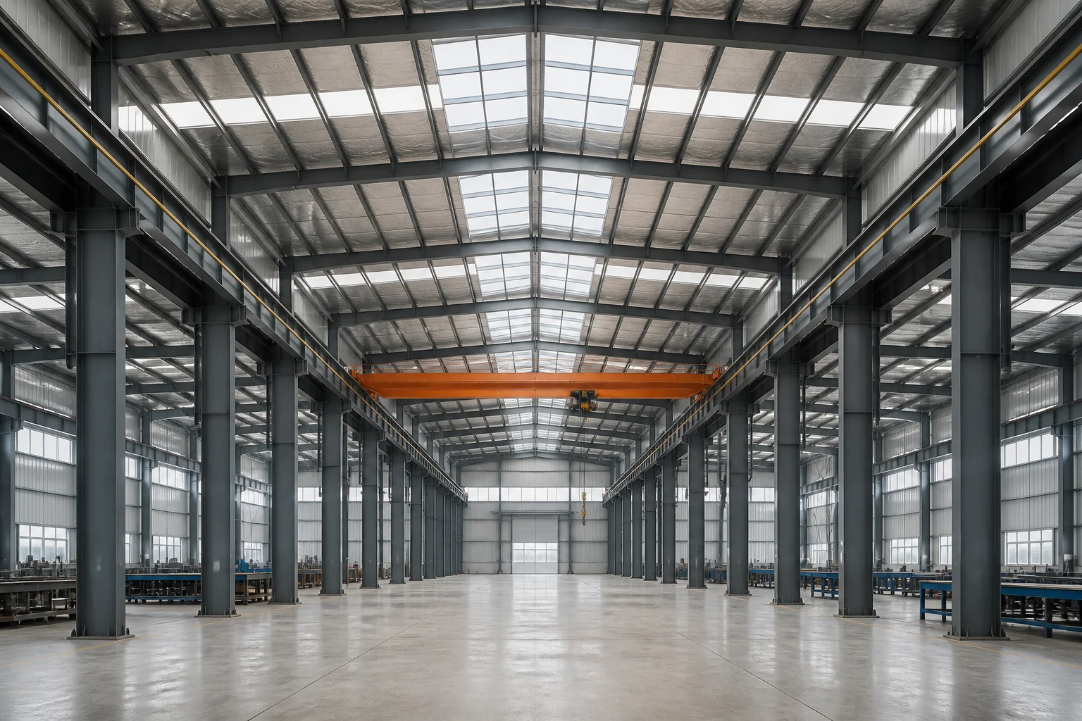 Generic steel factory building interior with crane runway beams and overhead bridge crane