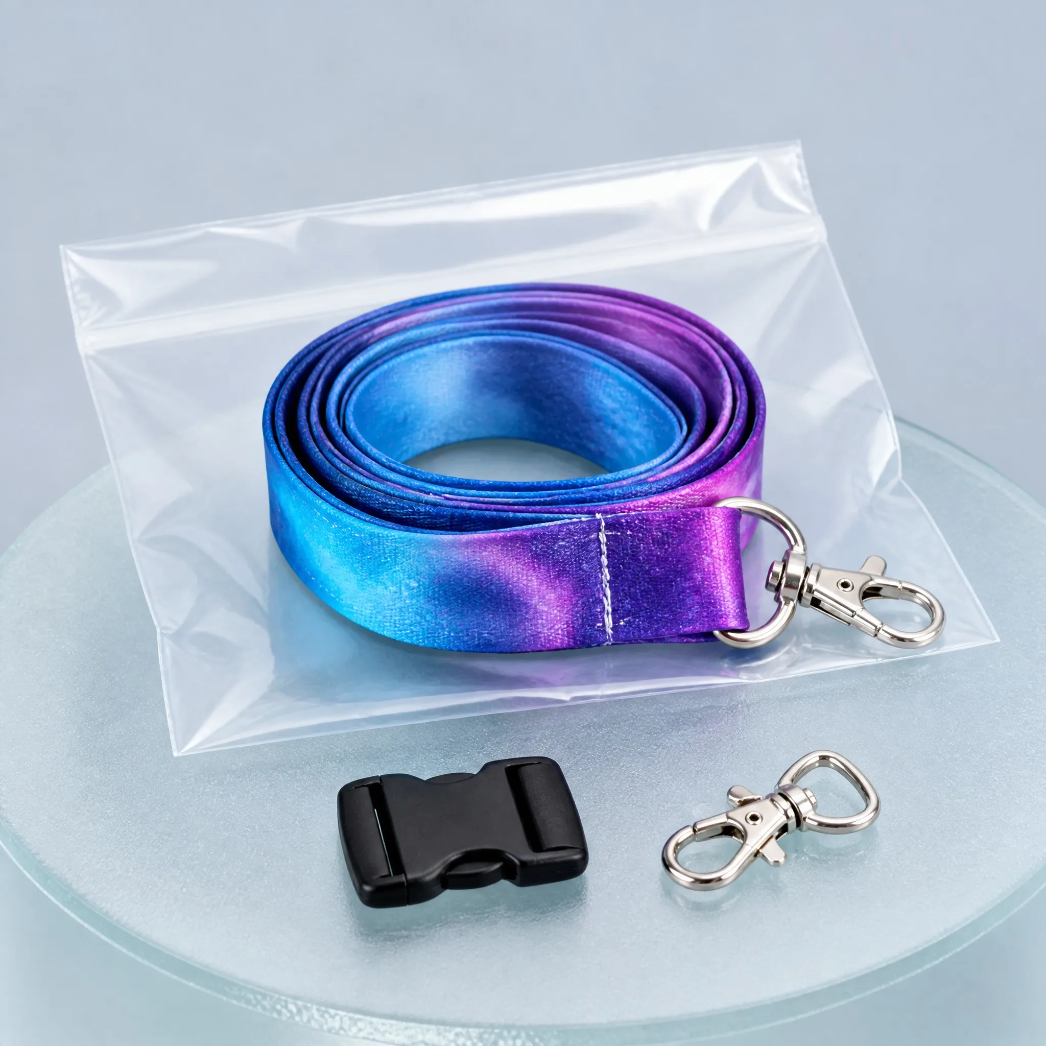 Gradient lanyard packed in transparent OPP bag with spare breakaway buckle and extra clip