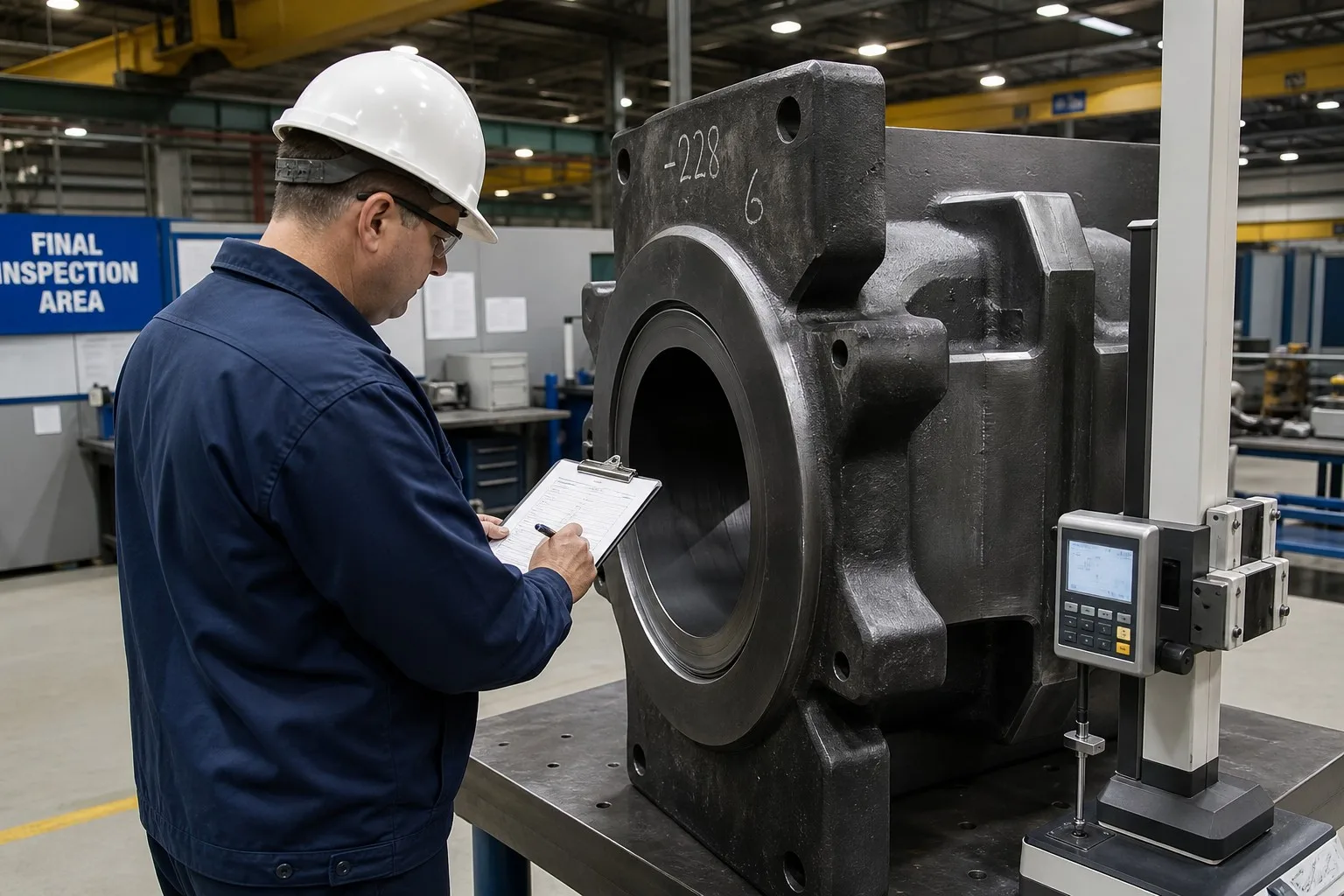 Quality inspector with clipboard performing final inspection on large casting