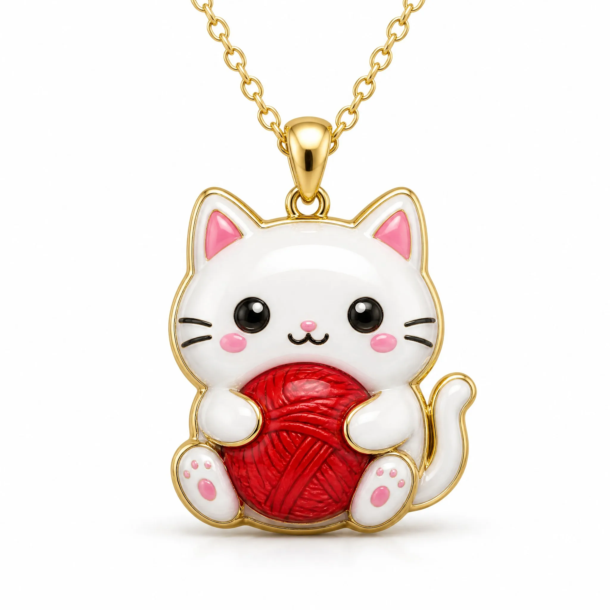 Custom epoxy cat pendant necklace white cat with red yarn ball on white background