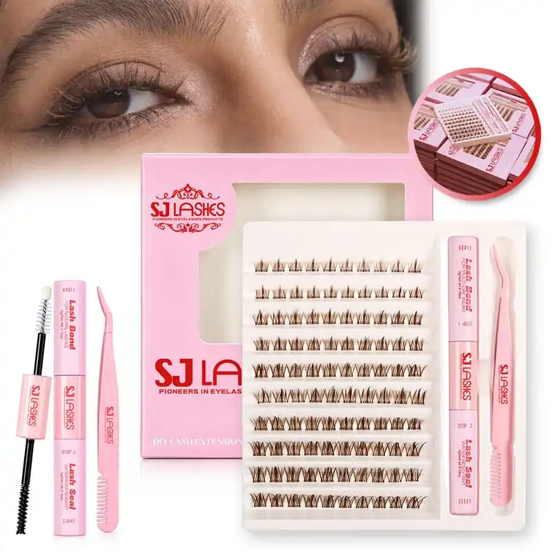 Pink DIY lash extension kit box with arched window showing ten rows of clusters beside a white molded tray holding the lash rows and the bond seal and tool, with a model eye and stacked boxes inset - DIY lash extension kit box