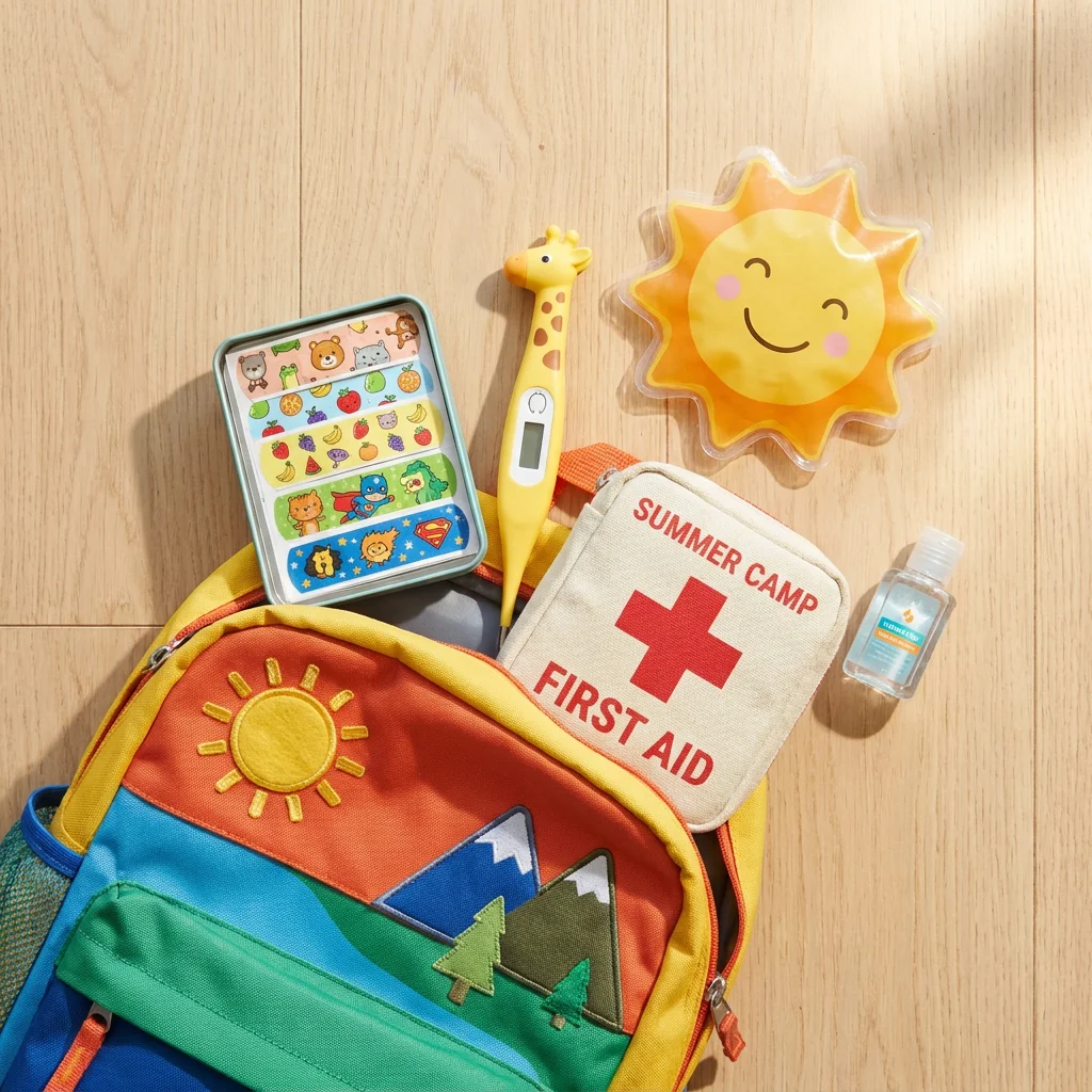 Summer camp backpack with kids healthcare essentials
