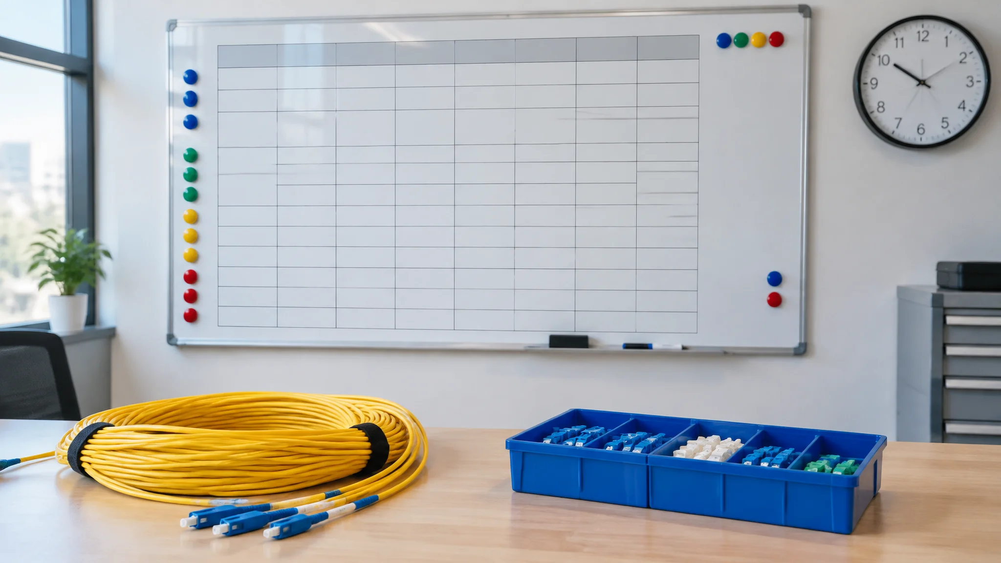 Production schedule board with colored magnets and cable samples below
