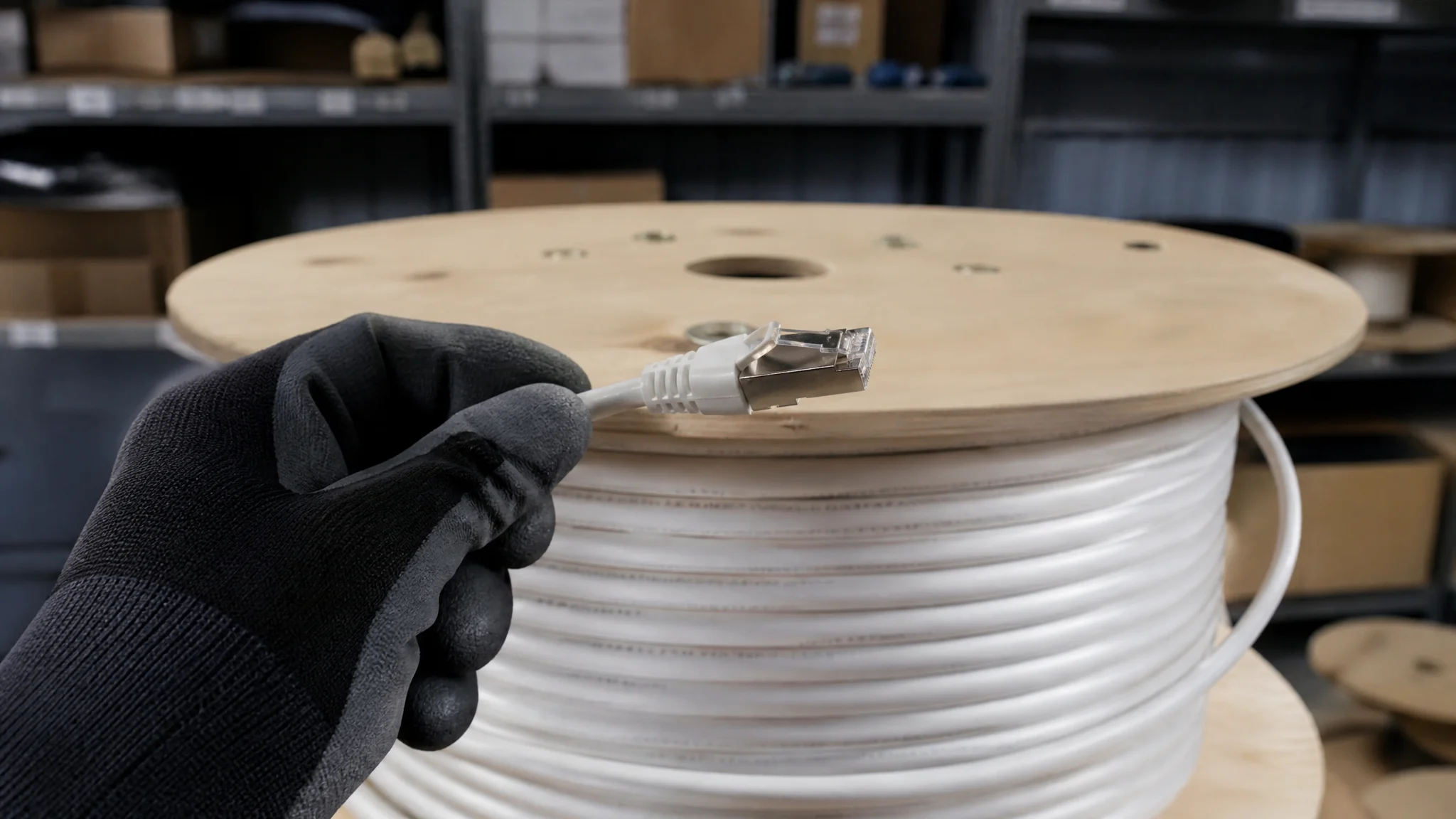 Cat7 S/FTP cable reel with a shielded connector held over it in a warehouse