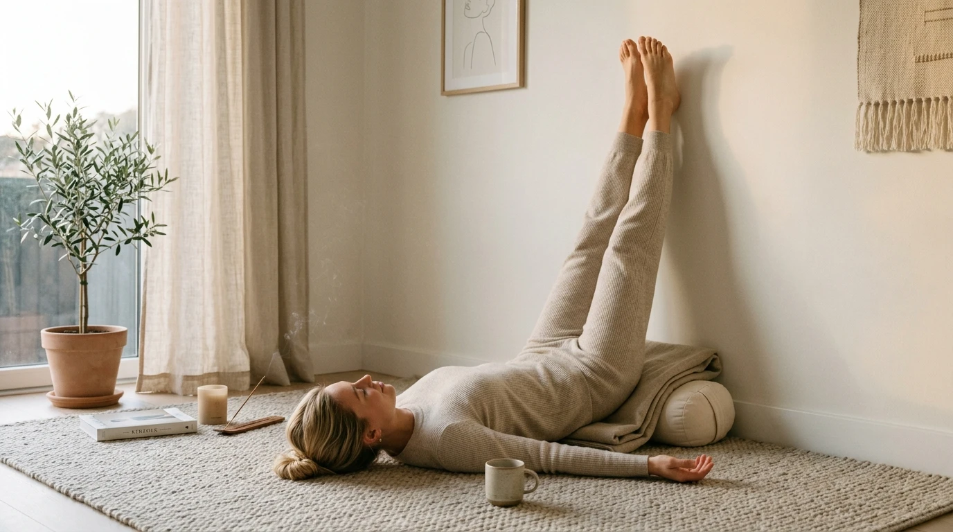 A woman performing 'Legs Up The Wall' pose, showing the descent of heat and the cooling of the system