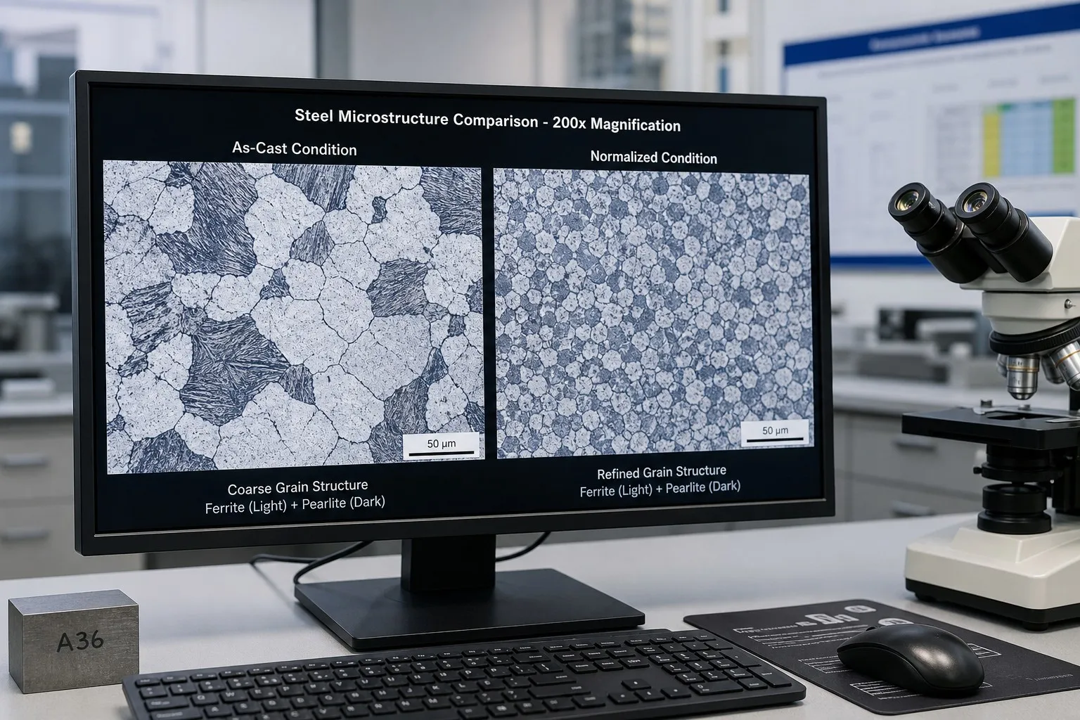 Metallographic microstructure comparison — as-cast vs normalized steel grain structure