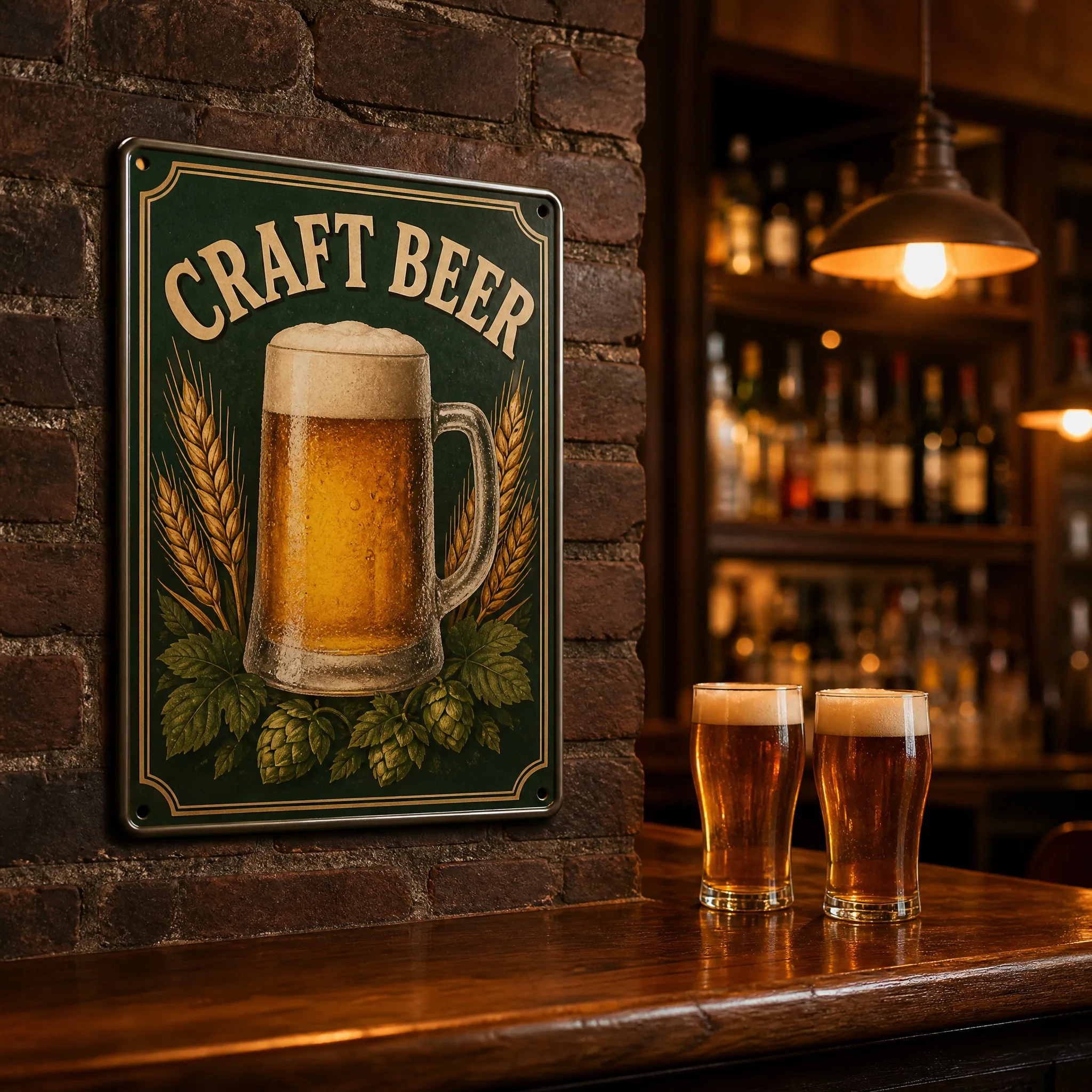 Rolled edge beer sign hanging on a brick wall in a vintage pub - Lifestyle