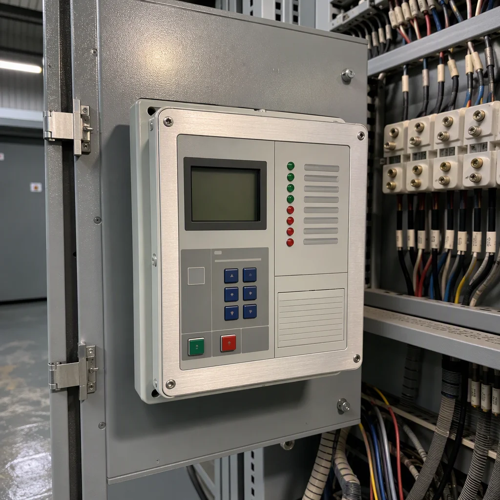 Numeric protection relay and terminal blocks on a substation control panel, transformer differential protection