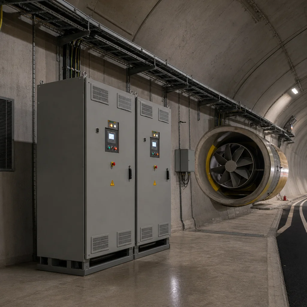 VFD cabinets and axial jet fan in a road tunnel ventilation plant room, transformer harmonic distortion context