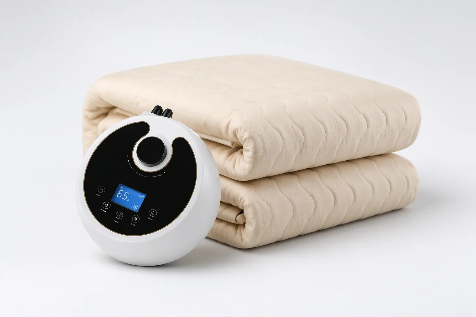 Folded cream water-heated blanket with round white controller showing temperature