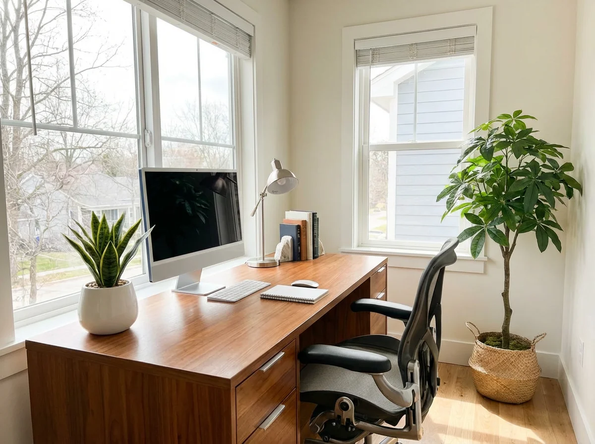 Small apartment decorated with hanging faux ivy vines and tall artificial fiddle leaf fig in woven basket