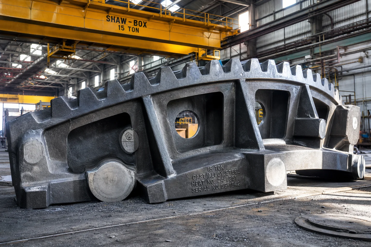 Massive 15-ton cast alloy steel girth gear segment on foundry floor