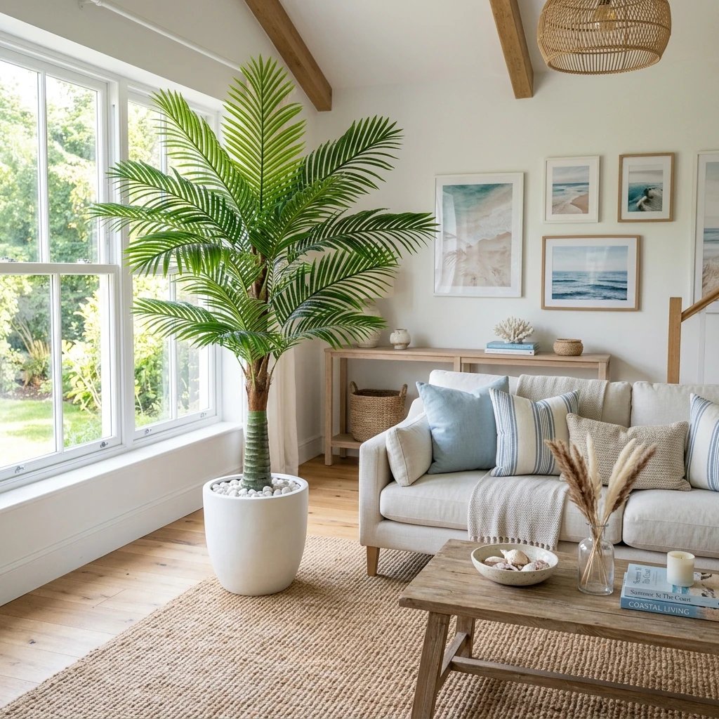 Coastal living room with large artificial majesty palm tree