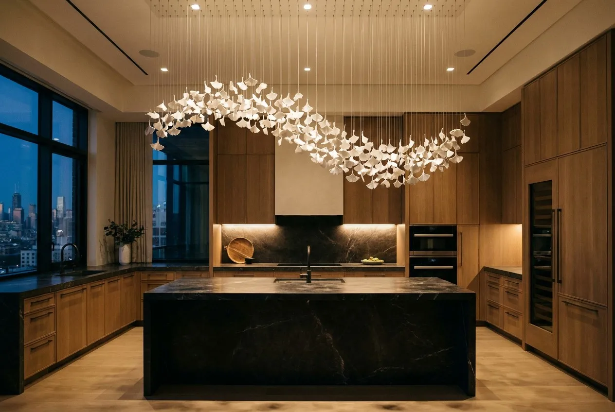 Realistic scale luxury kitchen featuring a Ginkgo Chandelier Wave over a long marble island
