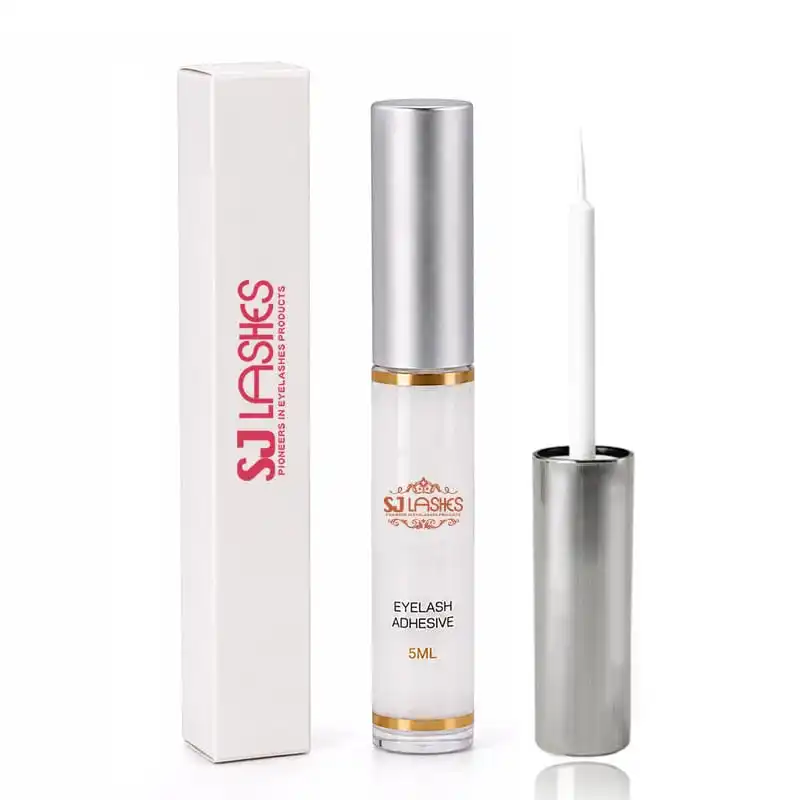 5ml lash adhesive expanded with cap removed showing the fine white brush applicator wand, beside its white carton - custom private label lash glue packaging