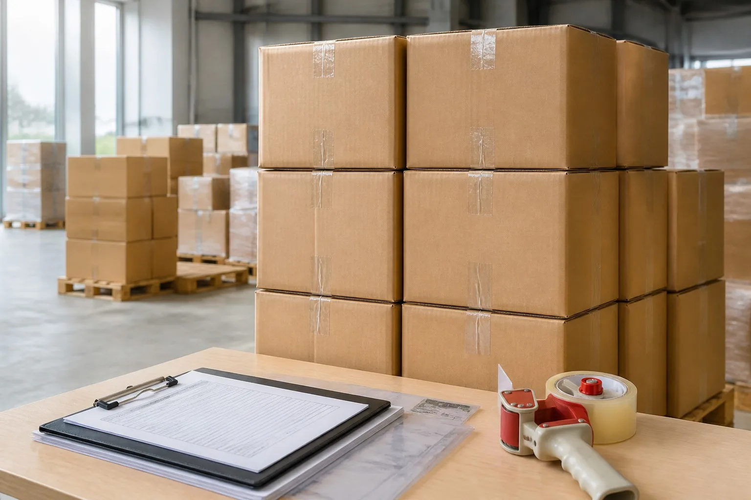 Stacked shipping cartons with customs documentation in a warehouse for home décor import