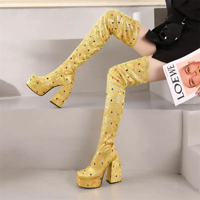 

Factory Custom Women Shoes Over The Knee Boots High Heels Stretch Boots Flower Glitter Gold Platform Slip On Cool Sexy Fashion