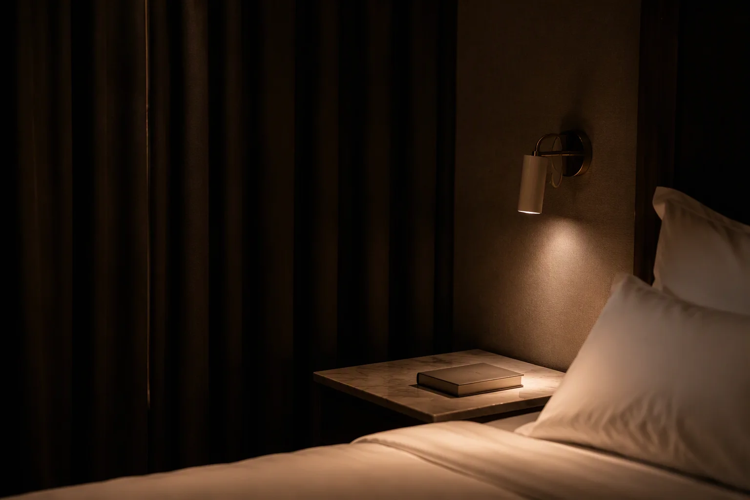 Hotel bedside wall light at its lowest warm setting in a dark guest room