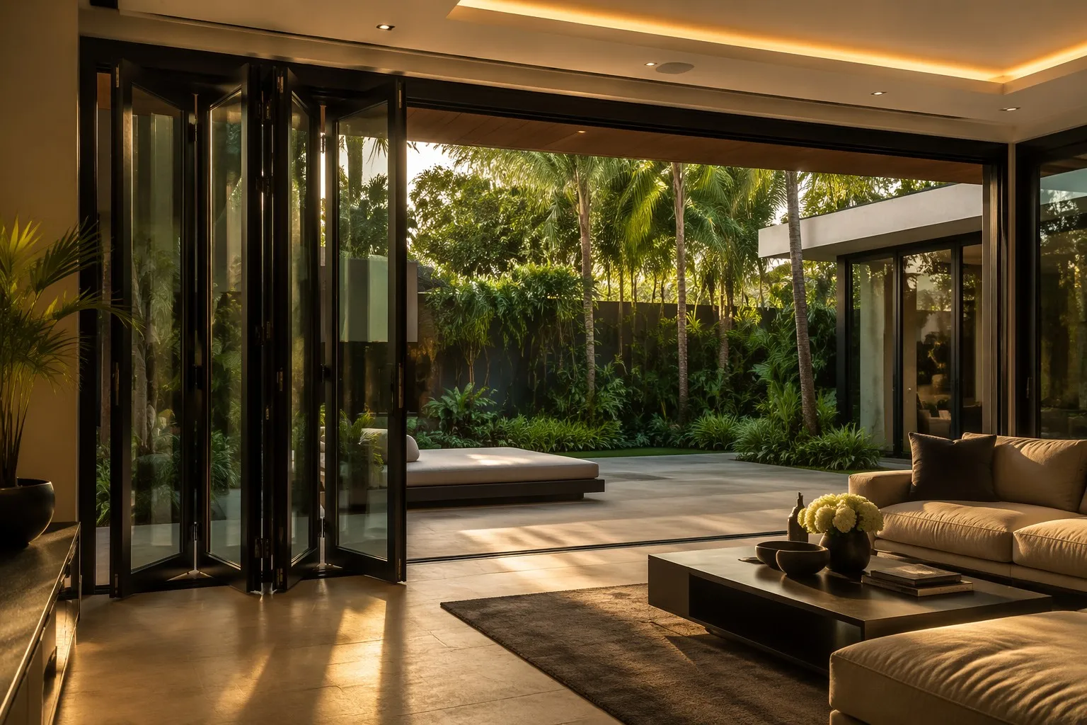 Luxury villa with black aluminum folding door connecting to tropical garden