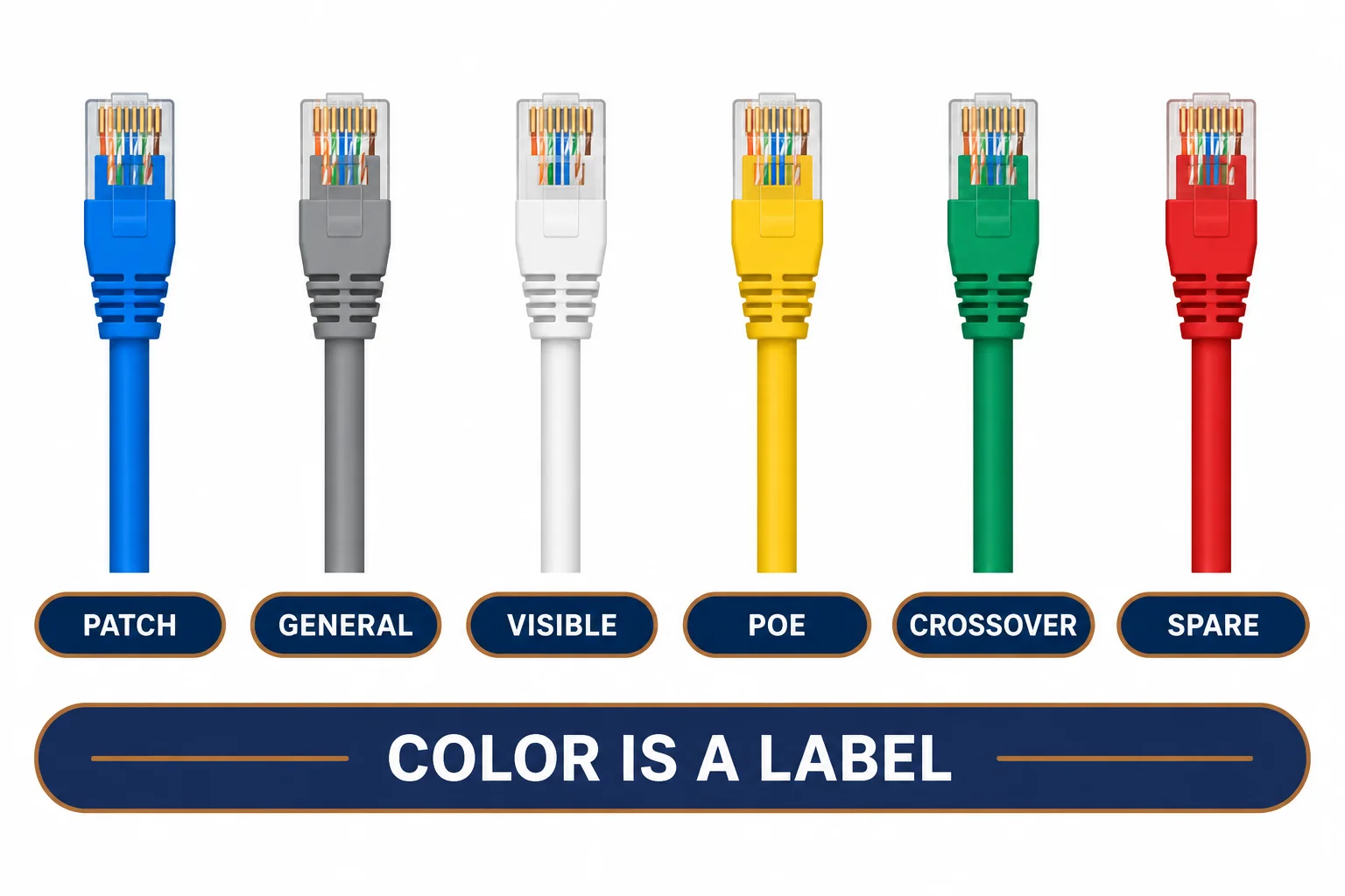 Six ethernet cable jacket colours with their common labelling conventions