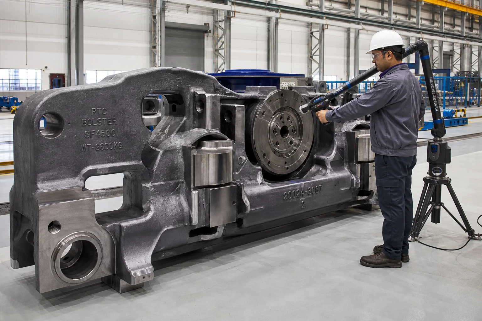 Massive cast steel railway bogie truck side frame and bolster casting on inspection floor