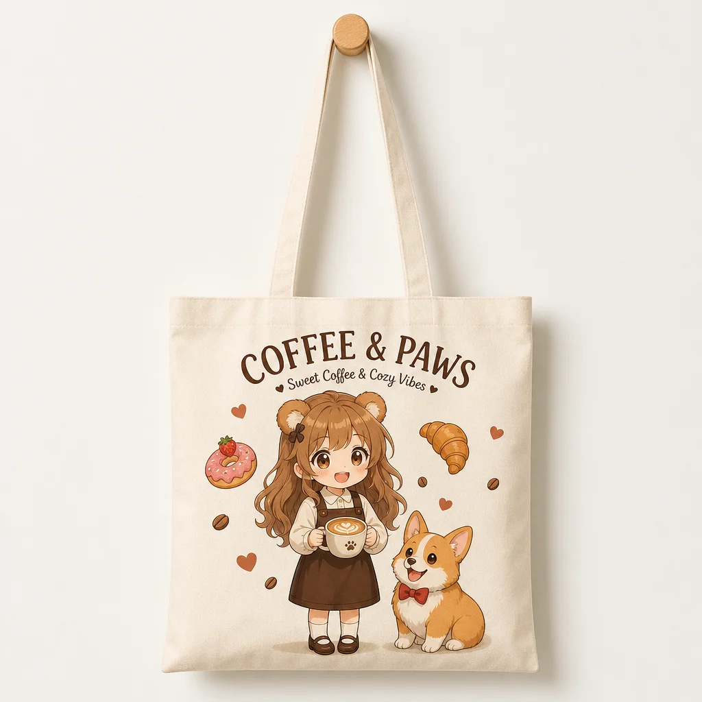 Original Chibi Anime Coffee and Paws Canvas Tote Bag Overview