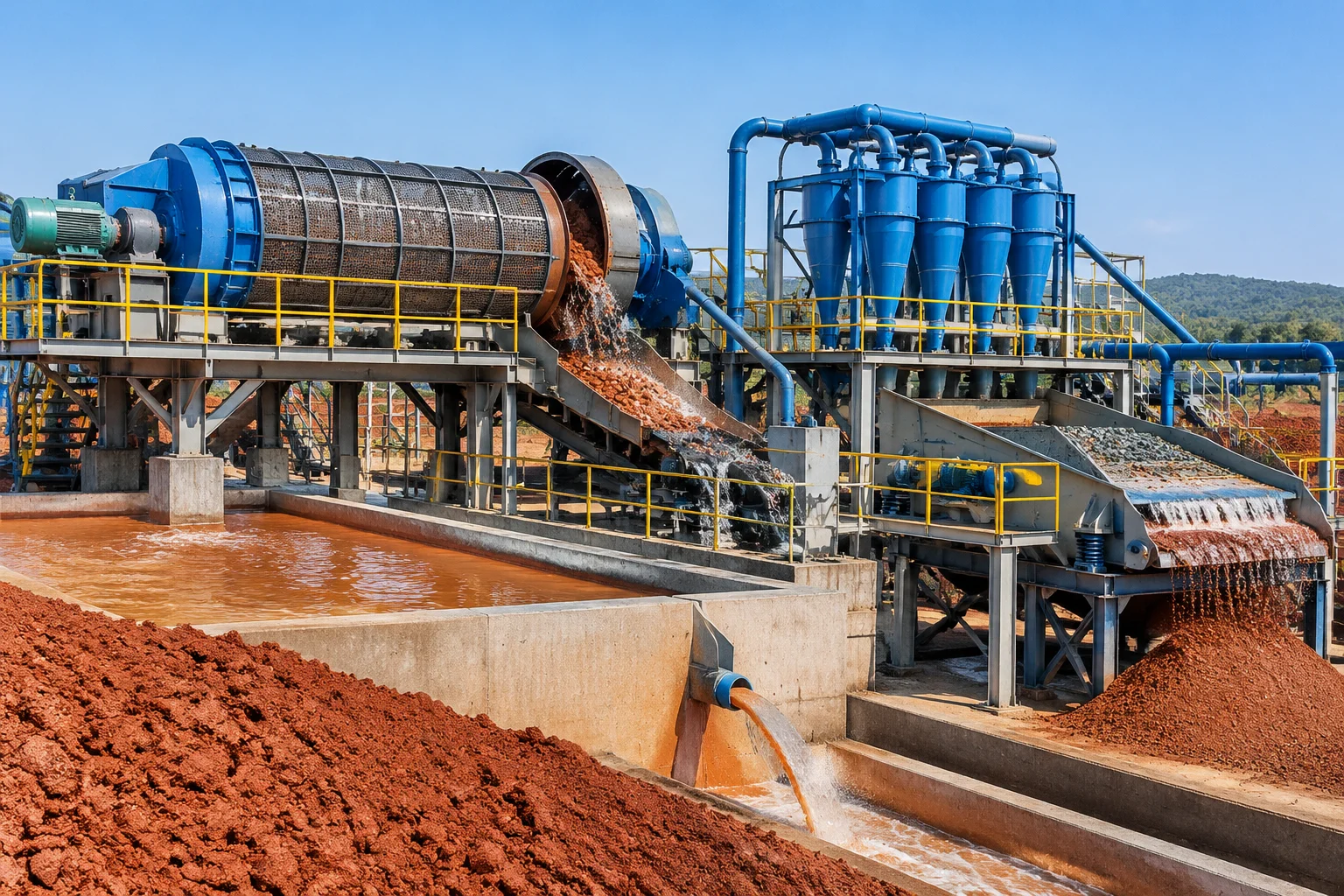 Bauxite ore washing and desliming plant flowsheet showing rotary scrubber trommel discharging to hydrocyclone cluster