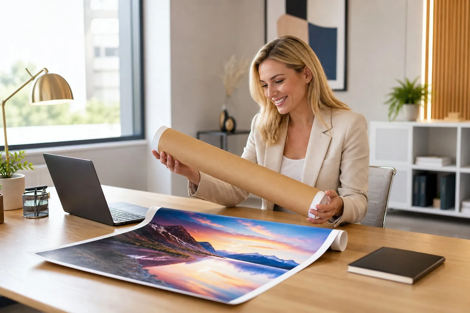 Corporate gift unboxing — office desk widescreen