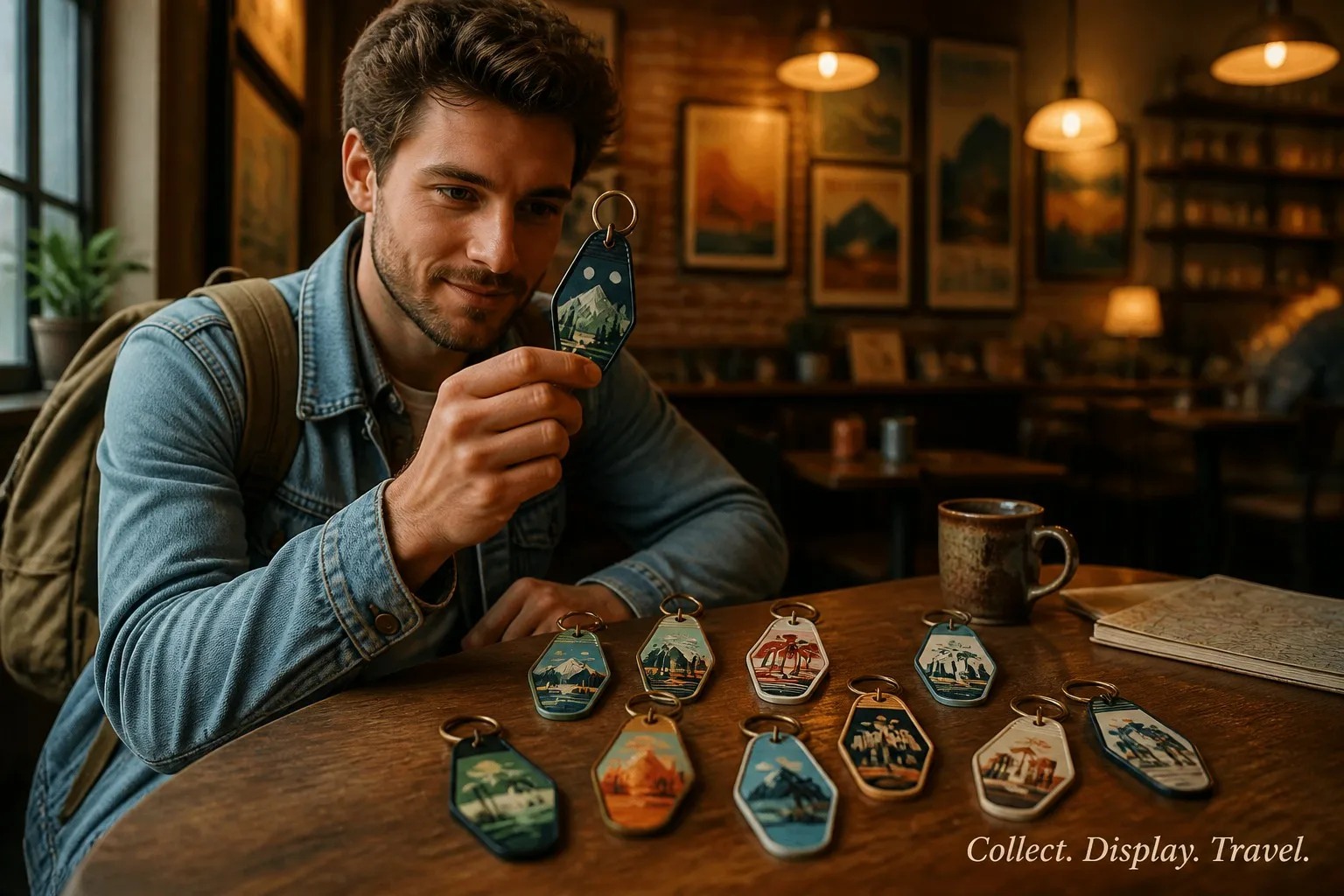 Retro key tag collector lifestyle — vintage cafe scene
