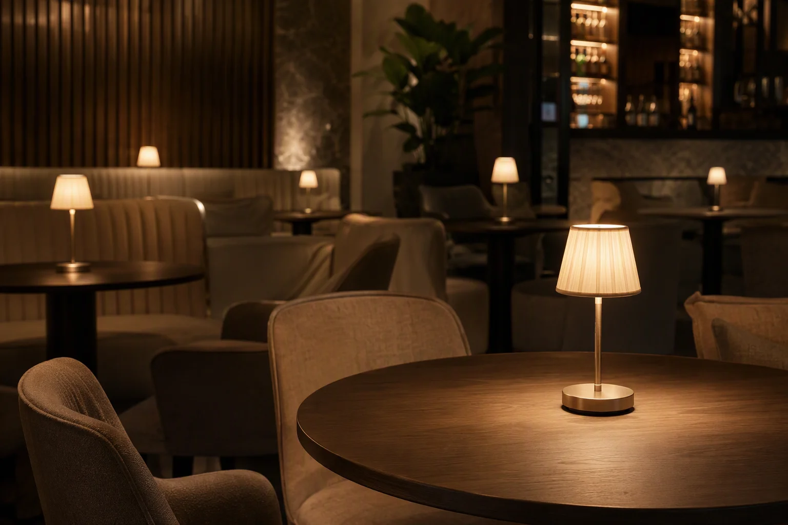 Cordless table lamps used across a refined fine-dining and hotel lounge setting