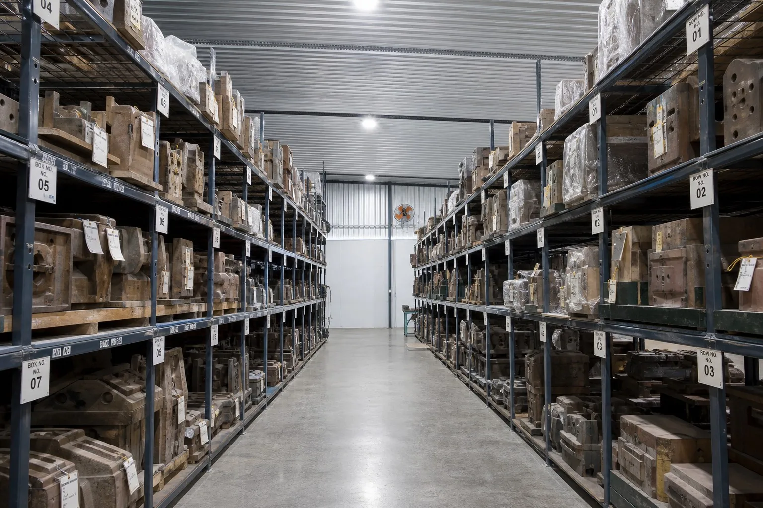 Pattern storage room with casting patterns and core boxes on metal racks