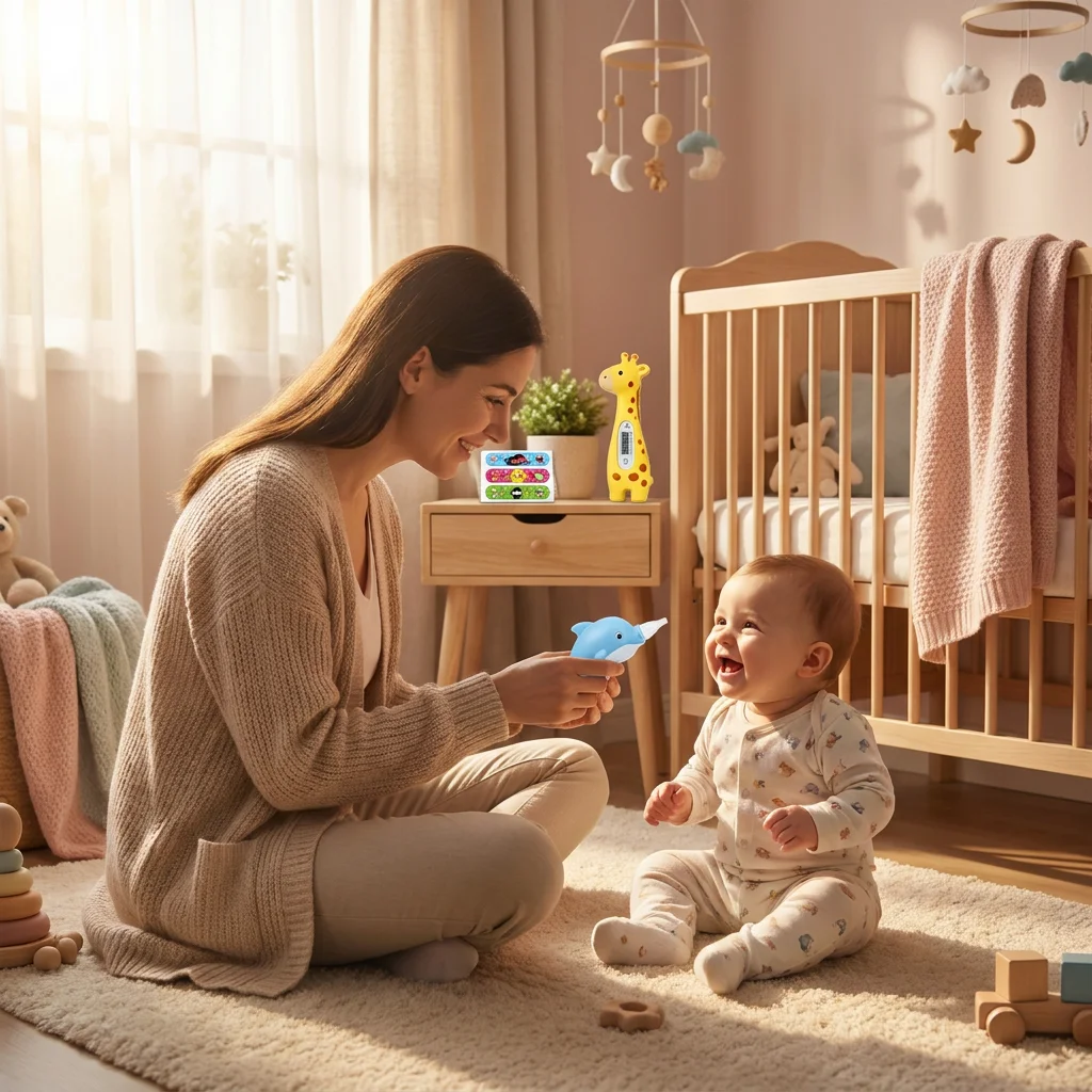 Peaceful nursery with dolphin nasal aspirator and giraffe thermometer
