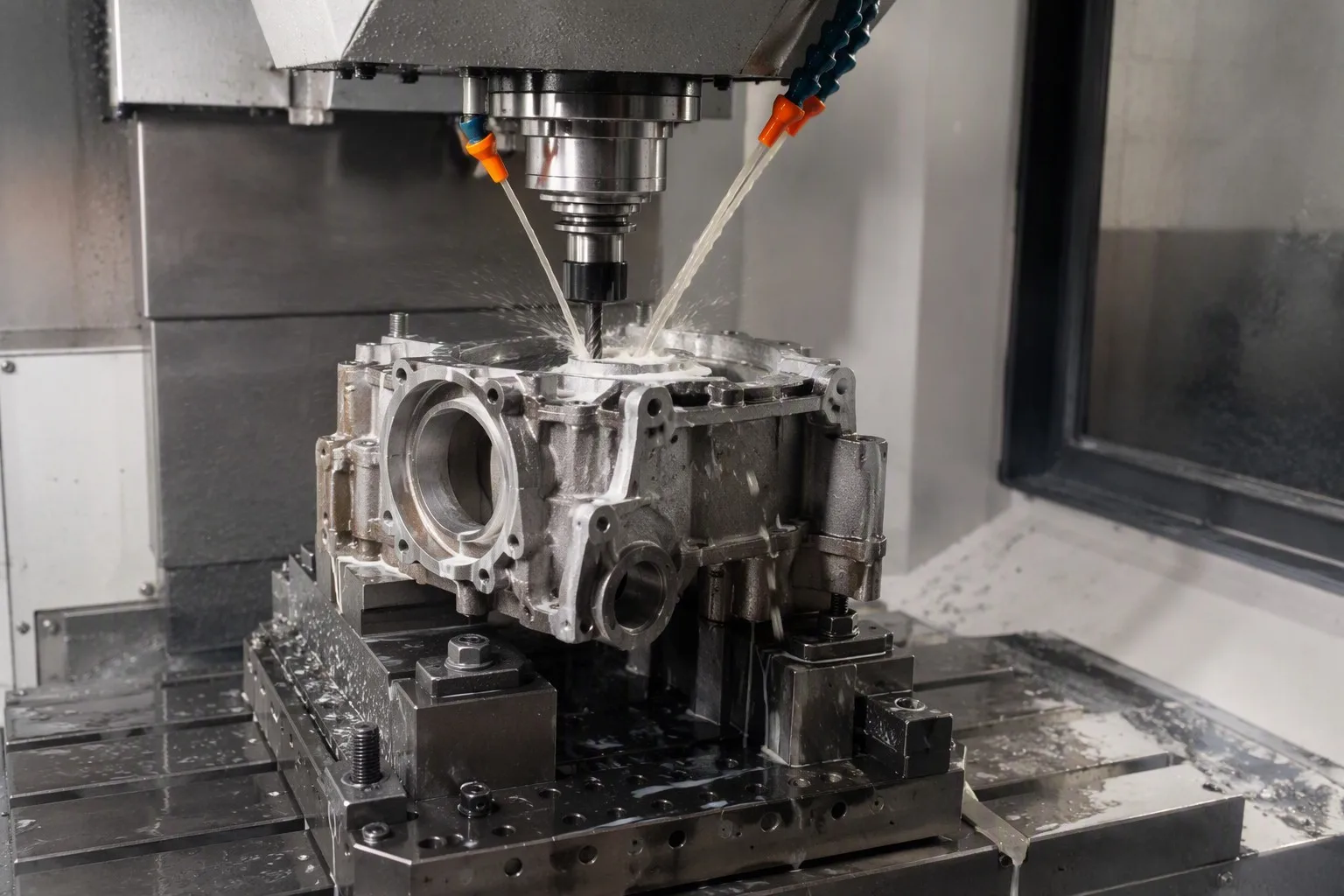 CNC machining center cutting a cast metal component with controlled coolant flow