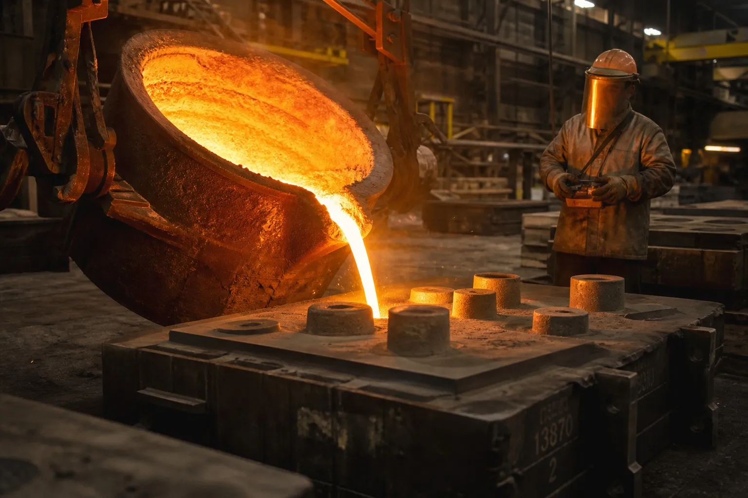 Molten steel pouring into sand mold for valve body casting