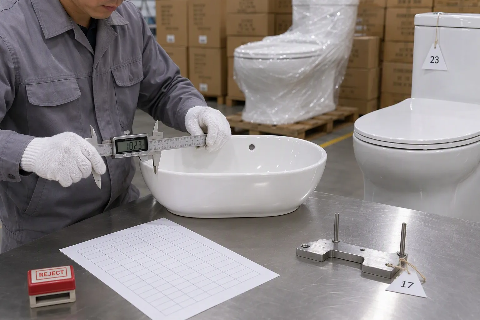 QC inspector measuring the rim of a white ceramic washbasin with a digital caliper at an AQL sampling inspection bench, with a toilet sample, grid checklist, REJECT stamp and hole-spacing gauge