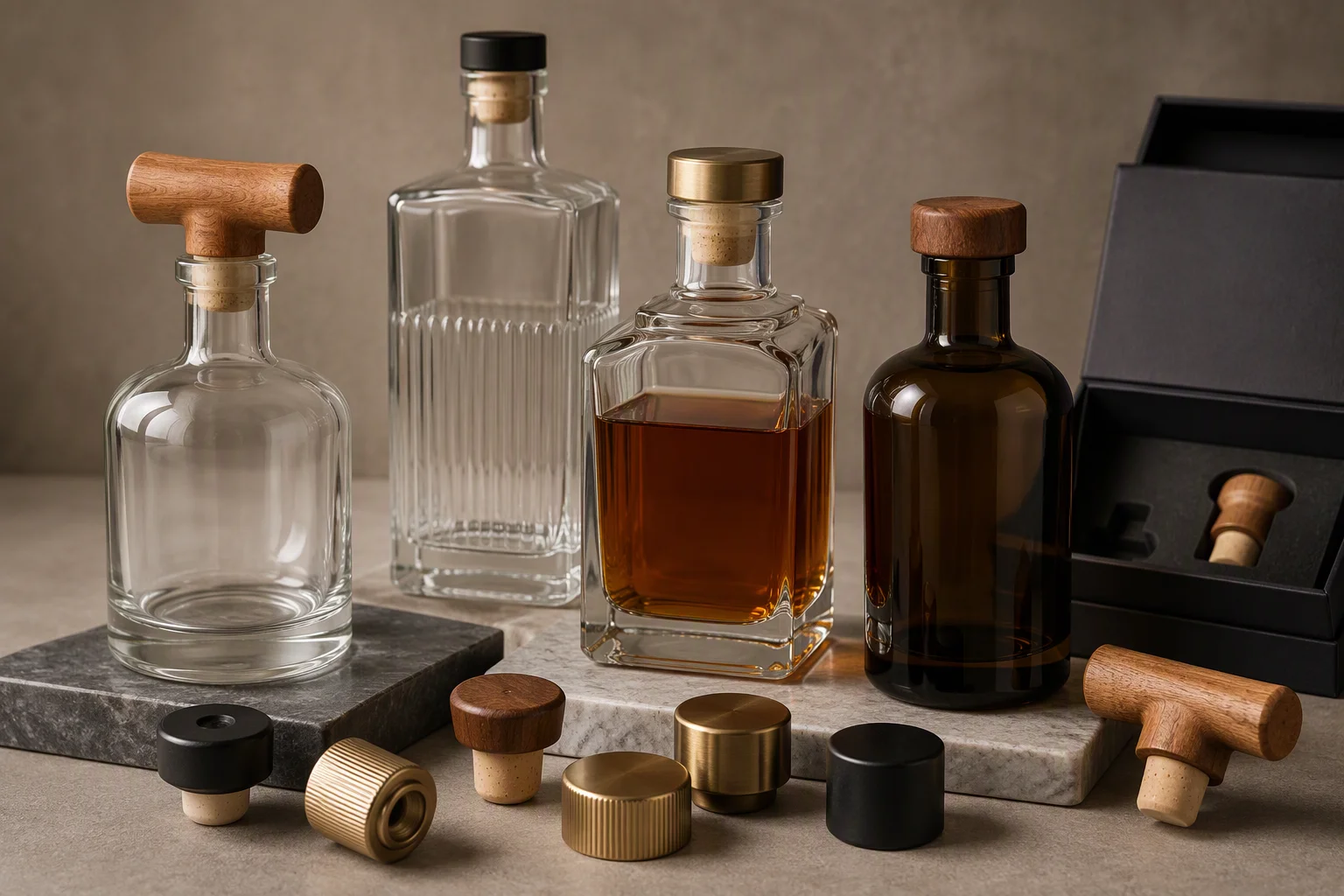 Custom glass bottles and premium closures display