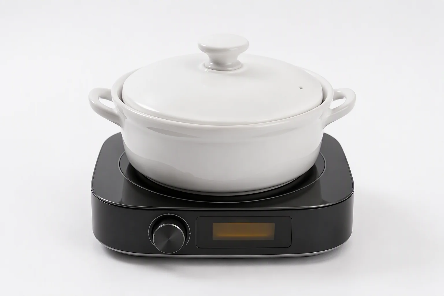 Ceramic-pot induction cooker with black glass base, rotary knob and LCD display