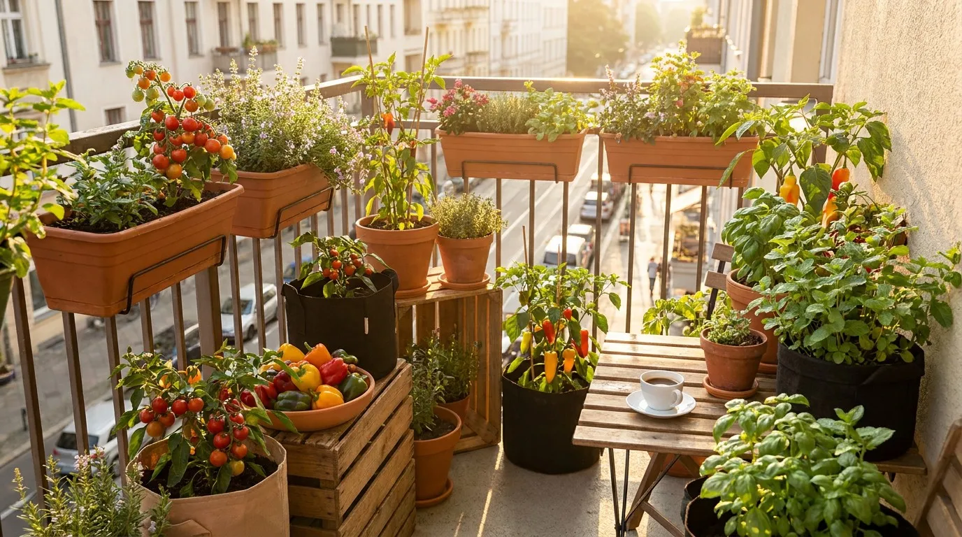 Lush container garden on apartment balcony
