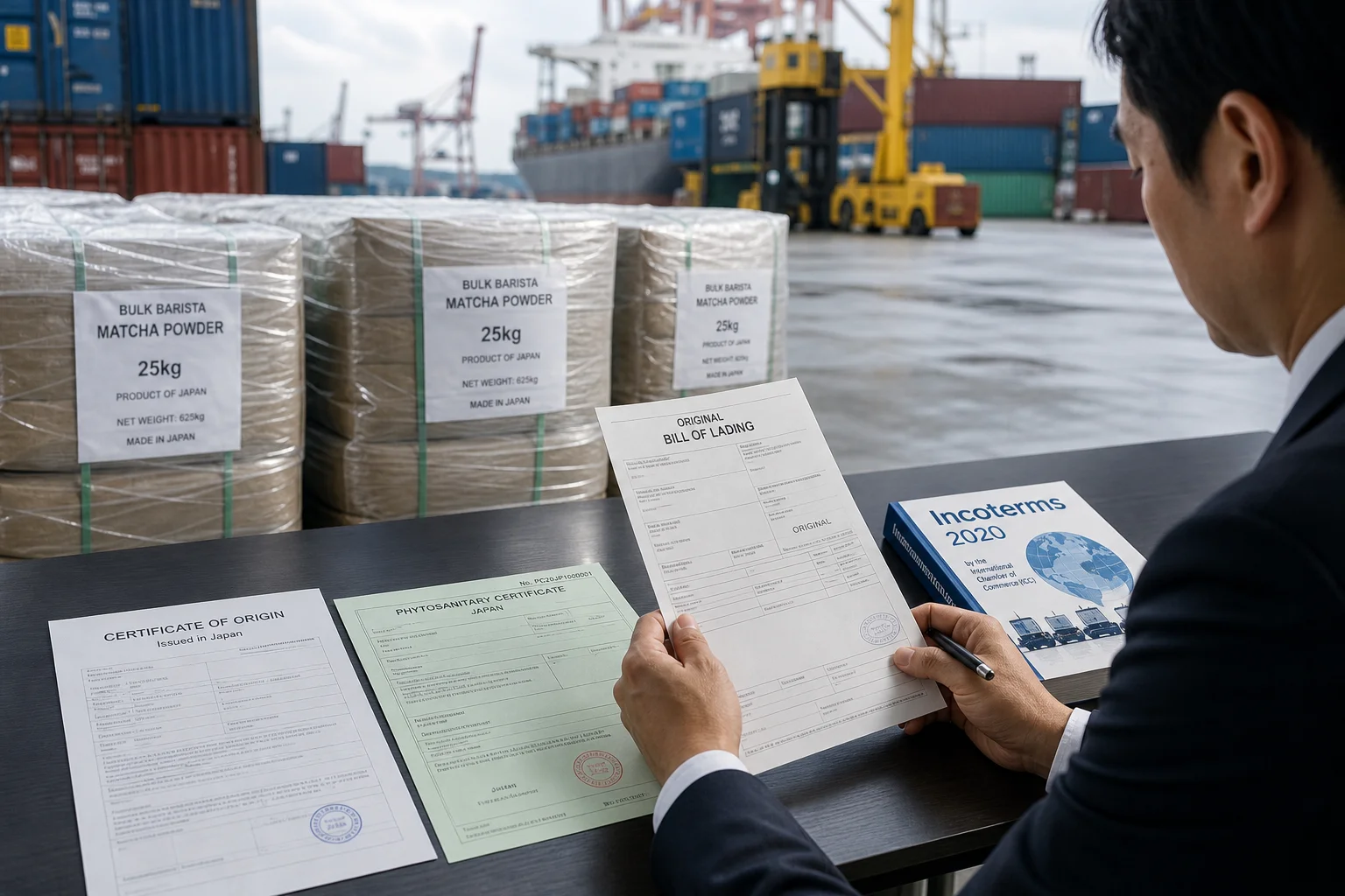 International container port logistics with pallets of bulk matcha powder, bill of lading, and Incoterms 2020 handbook