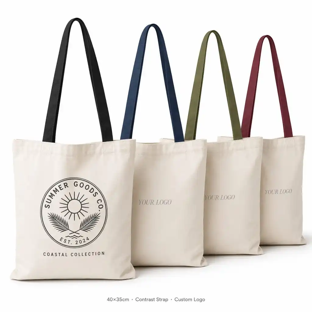 Natural canvas totes with contrast color straps and round badge logo