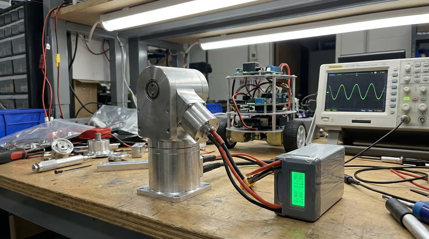 Silver robot joint module connected to lithium battery pack with power draw display on oscilloscope, mobile robot chassis visible