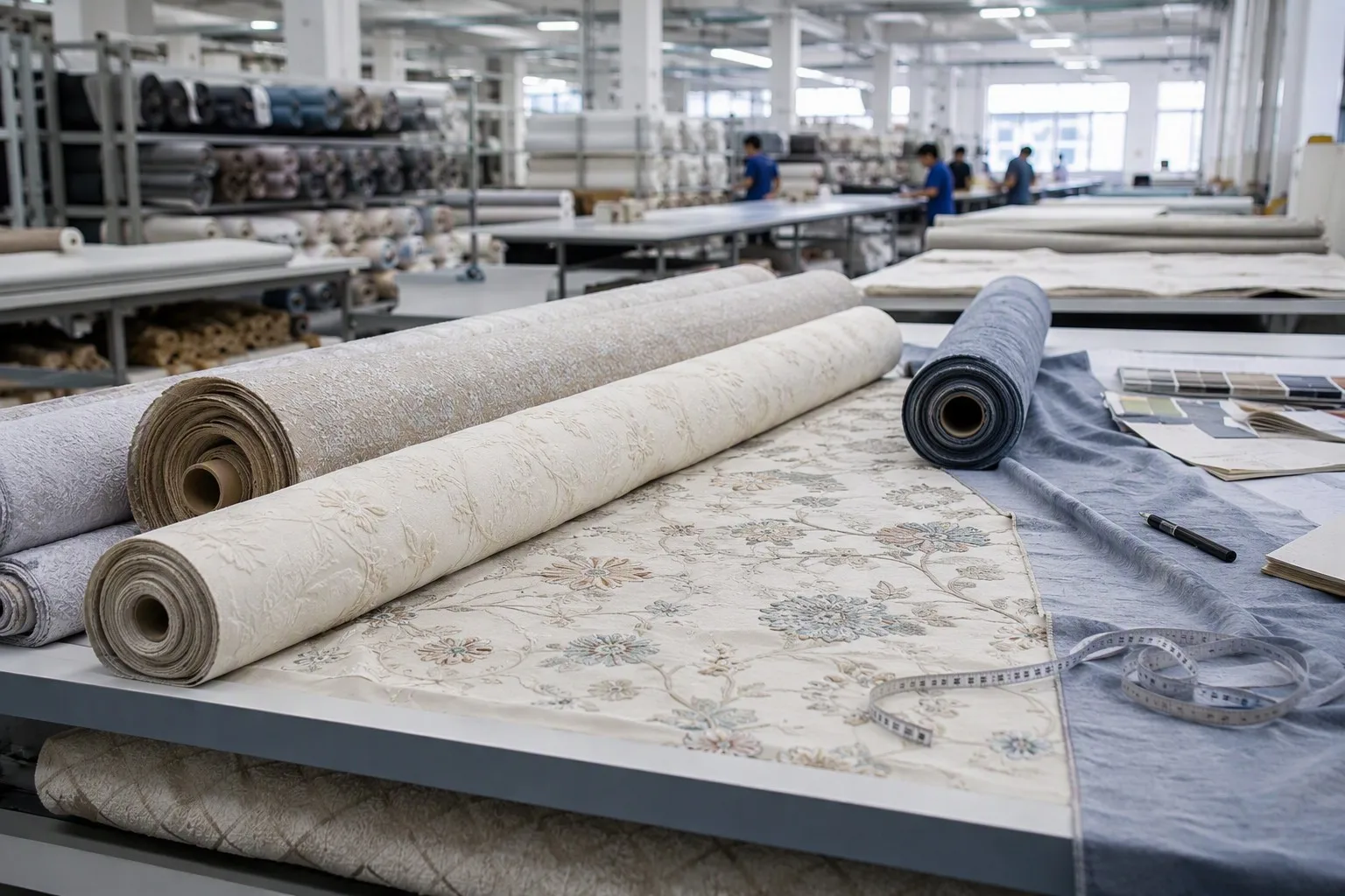 Textile factory quality control area for upholstery fabric