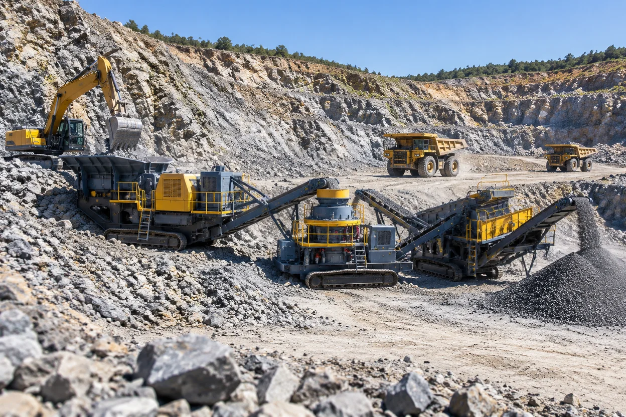 Гусеничный мобильный дробильно сортировочный комплекс Sanming Machinery в забое карьера