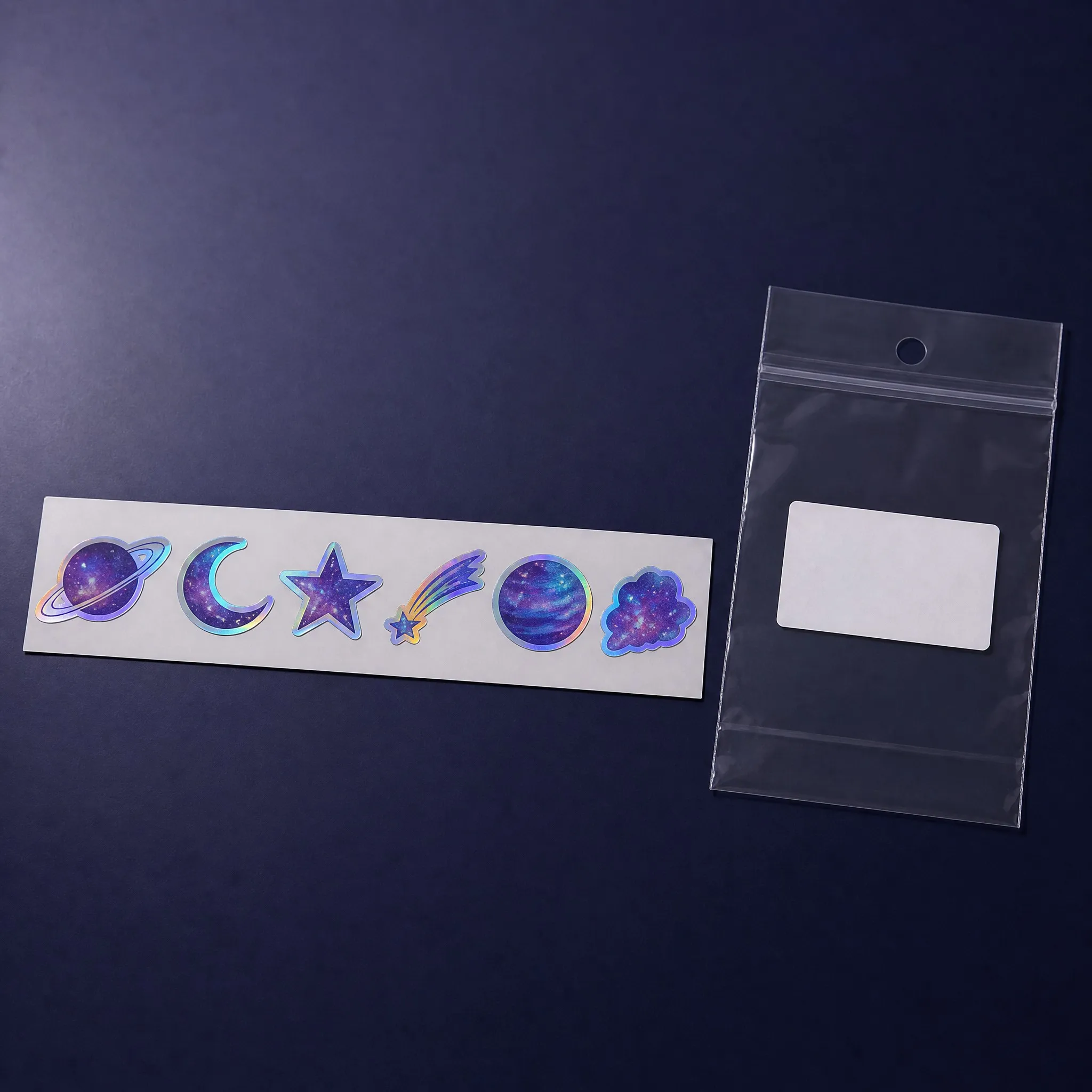 Holographic sticker set on backing card with transparent packaging bag
