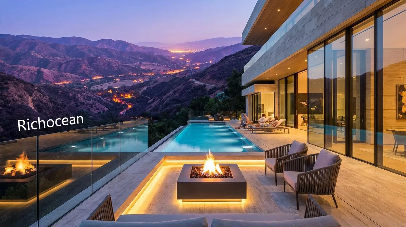 Luxury villa infinity pool terrace frameless glass railing lifestyle China Richocean